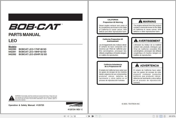 Bobcat Leo 942280 942281 942282 Parts Manual 4125725 1
