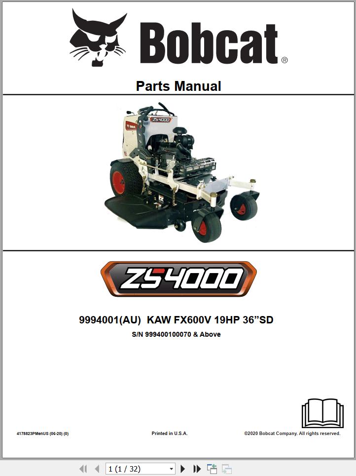 Bobcat Zero Turn Mower ZS4000 Parts Manual 4178823PMenUS 1