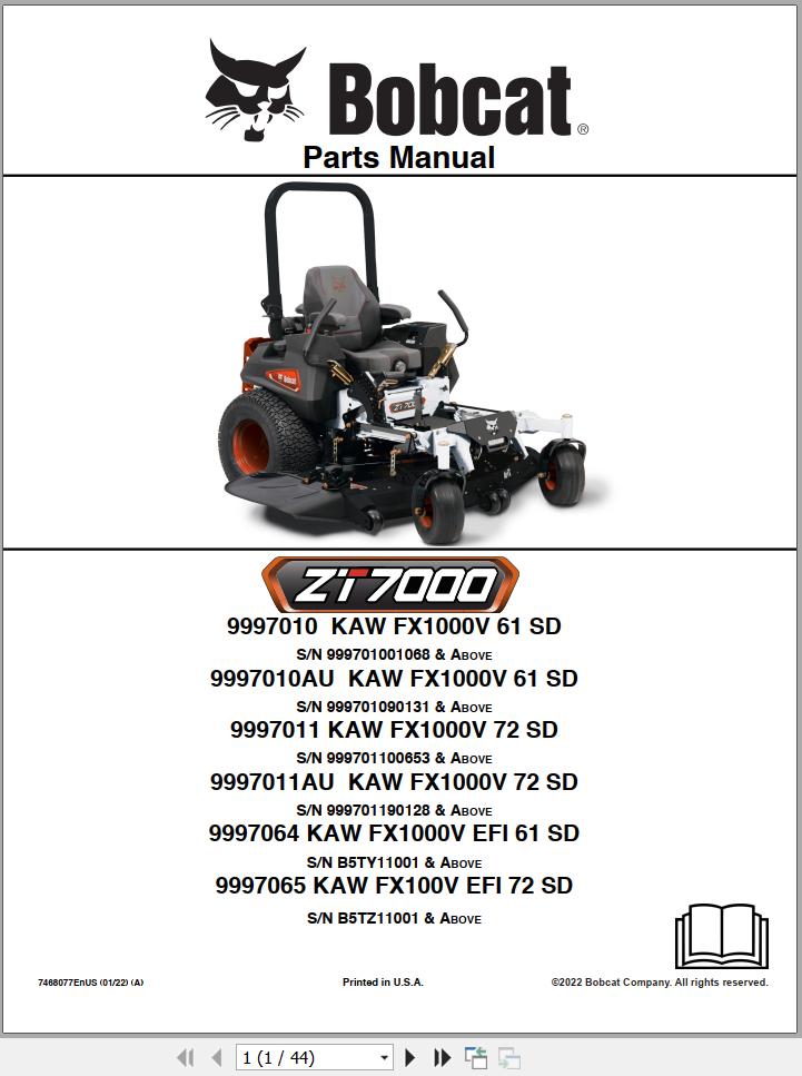 Bobcat Zero Turn Mower ZT7000 Parts Manual 7468077EnUS 1