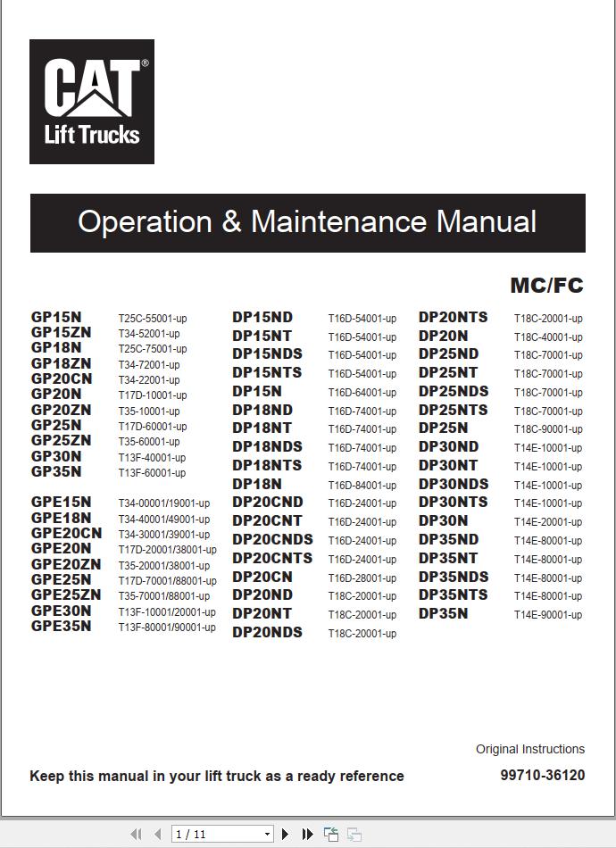 CAT Lift Truck DP20CNT Maintenance Operation Service Manual