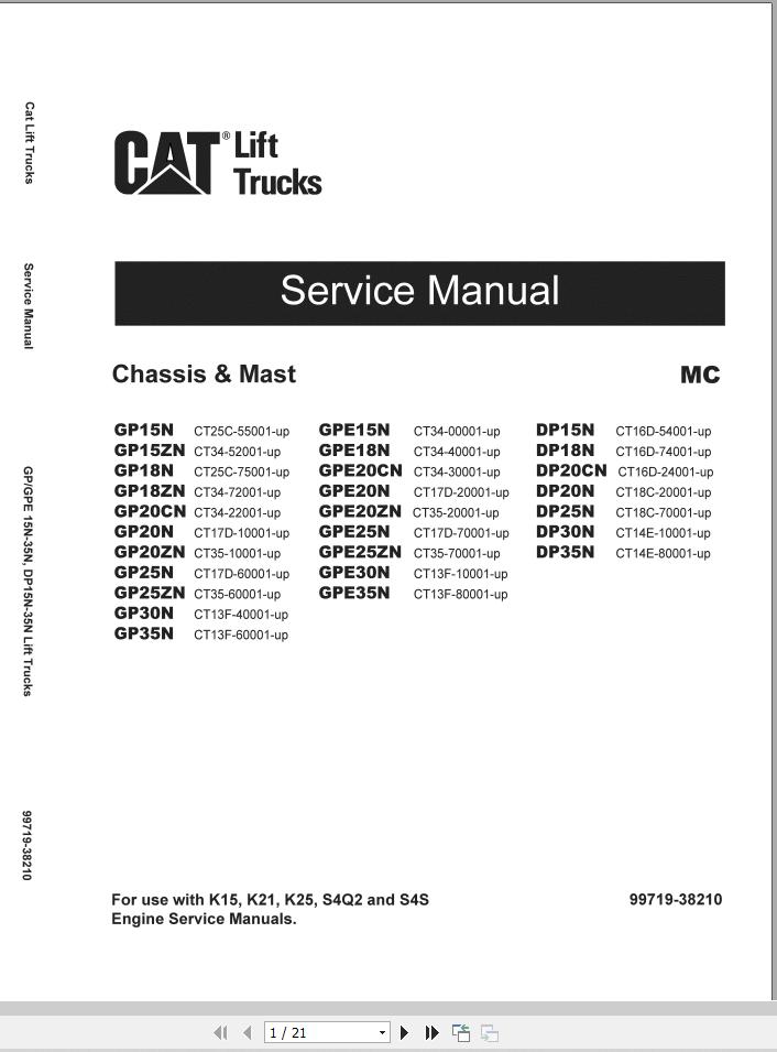CAT Lift Truck DP20NDS Service Operation Maintenance Manual