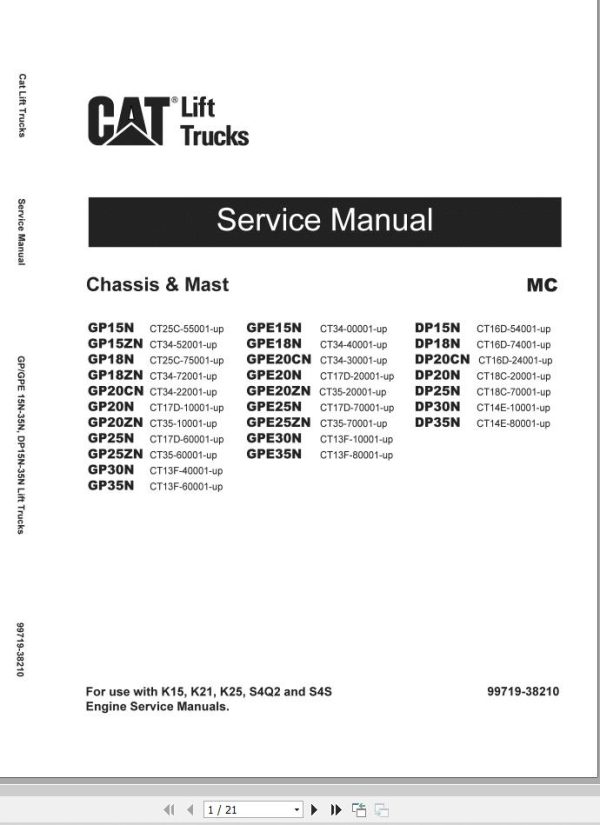 CAT Lift Truck DP20NT Service Operation Maintenance Manual