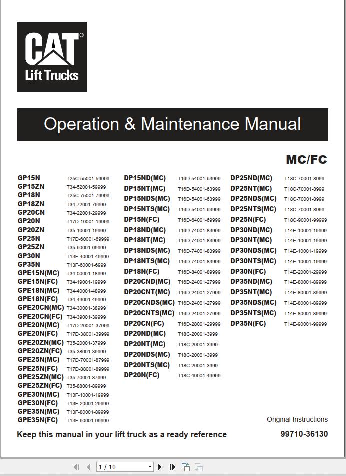 CAT Lift Truck DP25NTS Service Maintenance Operation Manual 1 1