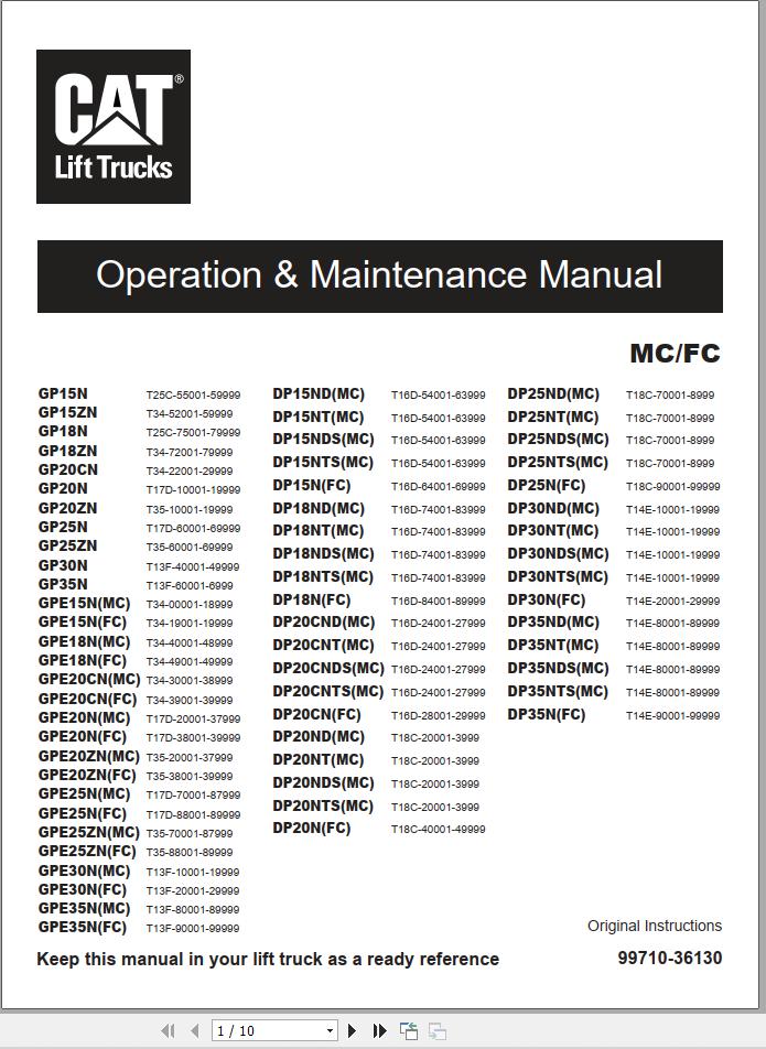 CAT Lift Truck DP30NM Service Operation Maintenance Manual