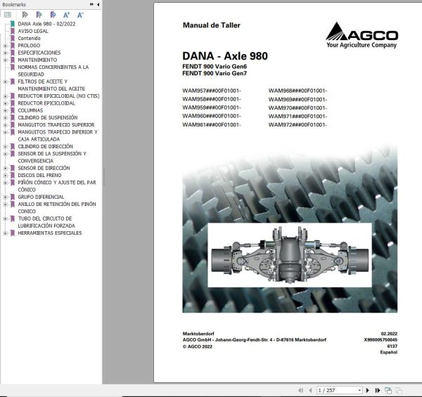 DANA Axle 980 Fendt 900 Vario Gen6 Gen7 Workshop Manual 6137 ES