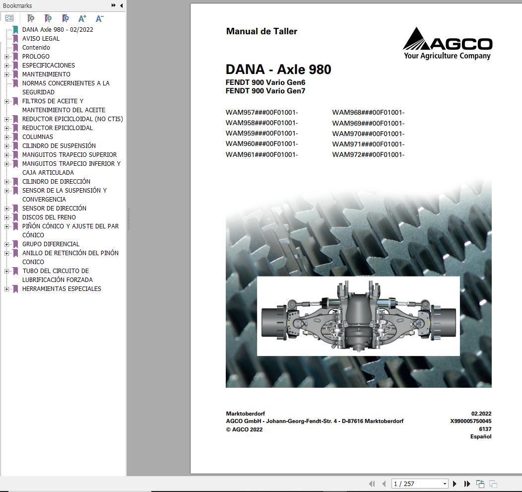 DANA Axle 980 Fendt 900 Vario Gen6 Gen7 Workshop Manual 6137 ES