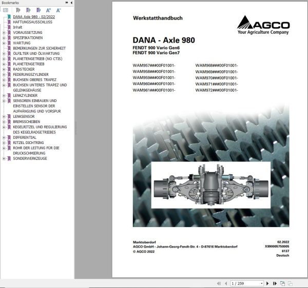 Dana Axle 980 Fendt 900 Vario Gen6 Gen7 Workshop Manual X990005750005 DE
