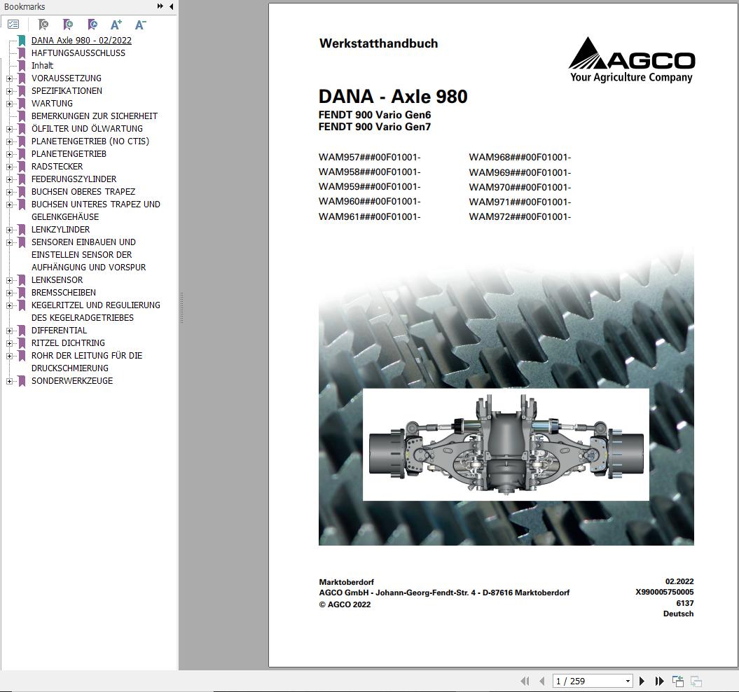 Dana Axle 980 Fendt 900 Vario Gen6 Gen7 Workshop Manual X990005750005 DE