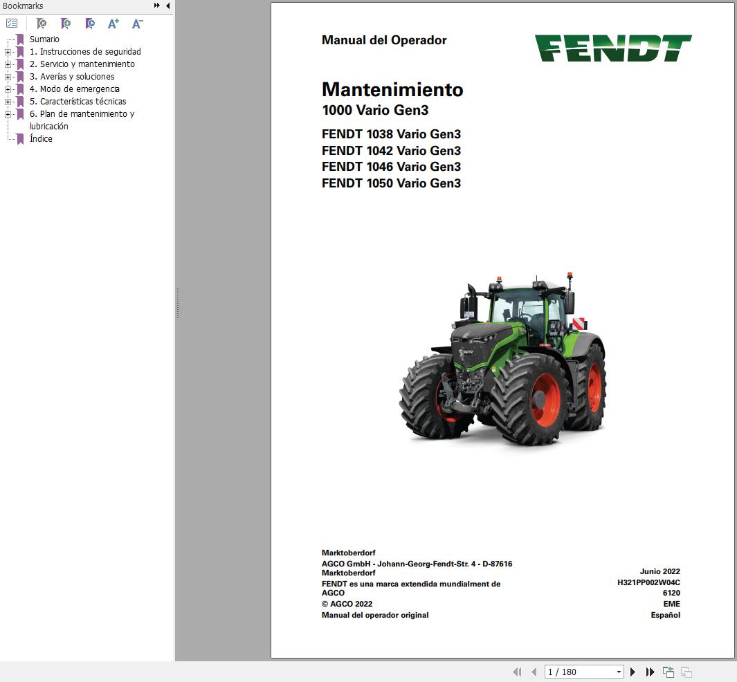 Fendt 1038 1042 1046 1050 Vario Gen3 Maintenance Manual H321PP002W04C ES