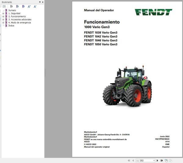 Fendt 1038 1042 1046 1050 Vario Gen3 Operator Workshop Manuals and Diagrams ES 1