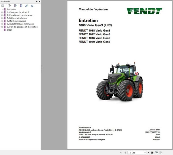 Fendt 1038 1042 1046 1050 Vario Gen3 Operator Workshop Manuals and Diagrams FR 2