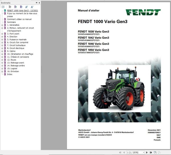 Fendt 1038 1042 1046 1050 Vario Gen3 Operator Workshop Manuals and Diagrams FR 3
