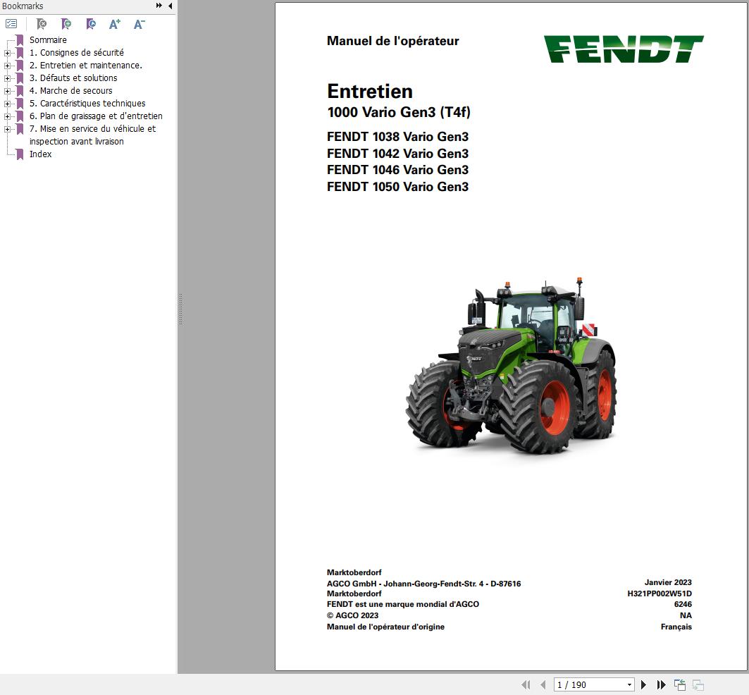 Fendt 1038 1042 1046 1050 Vario Gen3 T4f Maintenance Manual H321PP002W51D FR