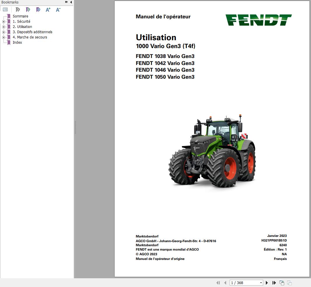 Fendt 1038 1042 1046 1050 Vario Gen3 T4f Operating Manual H321PP001B51D FR
