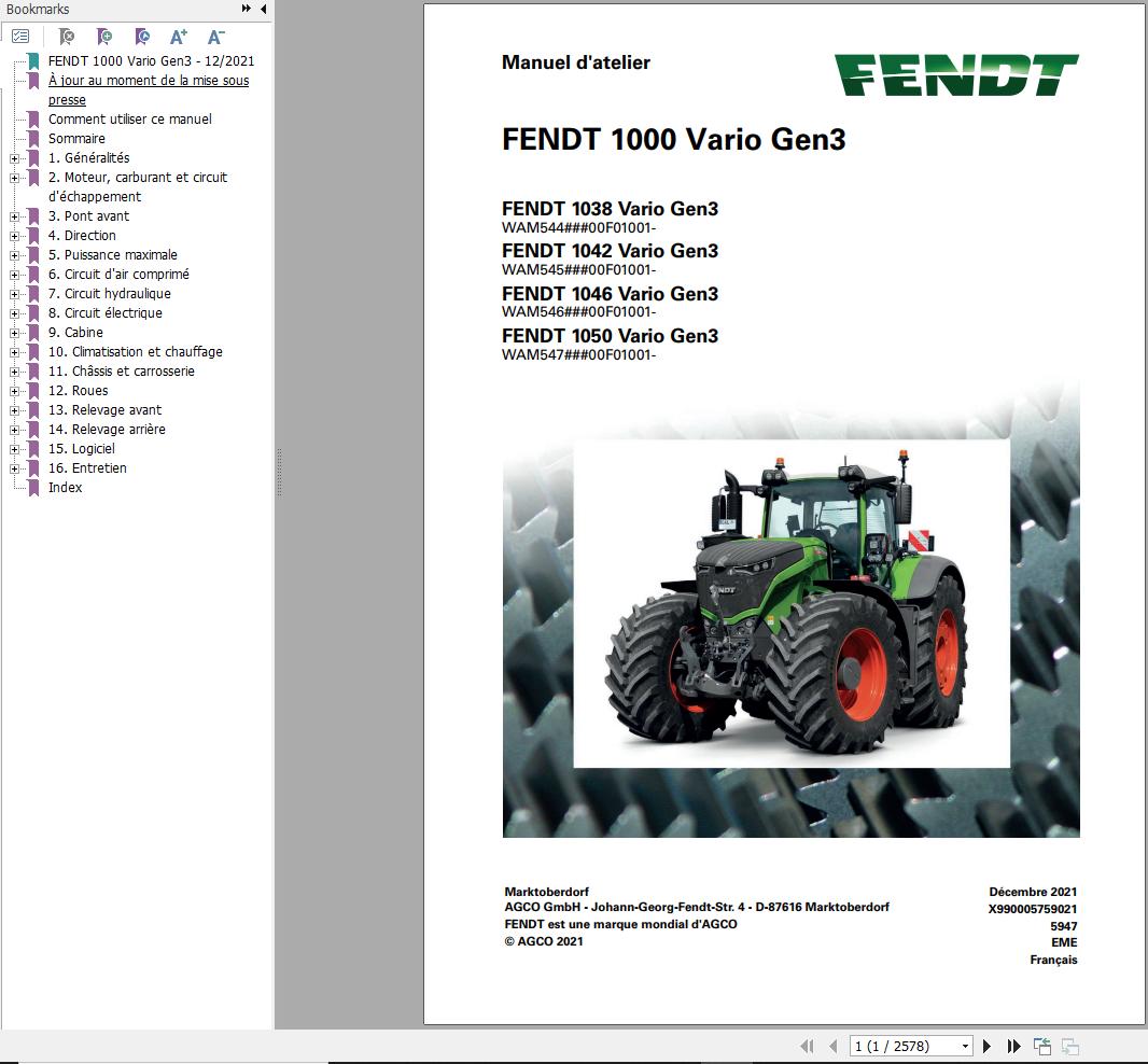 Fendt 1038 1042 1046 1050 Vario Gen3 Workshop Manual X990005759021 FR