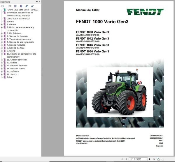 Fendt 1038 1042 1046 1050 Vario Gen3 Workshop Manual X990005759041 ES
