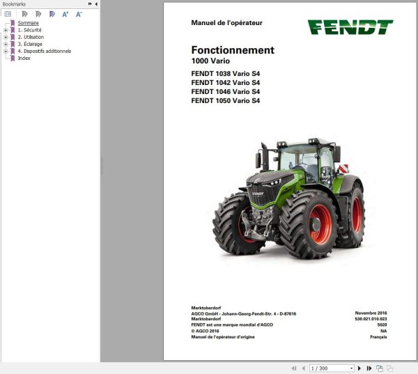 Fendt 1038 1042 1046 1050 Vario S4 Operator Workshop Manuals and Diagrams FR 1