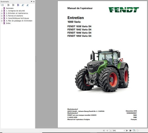 Fendt 1038 1042 1046 1050 Vario S4 Operator Workshop Manuals and Diagrams FR 2