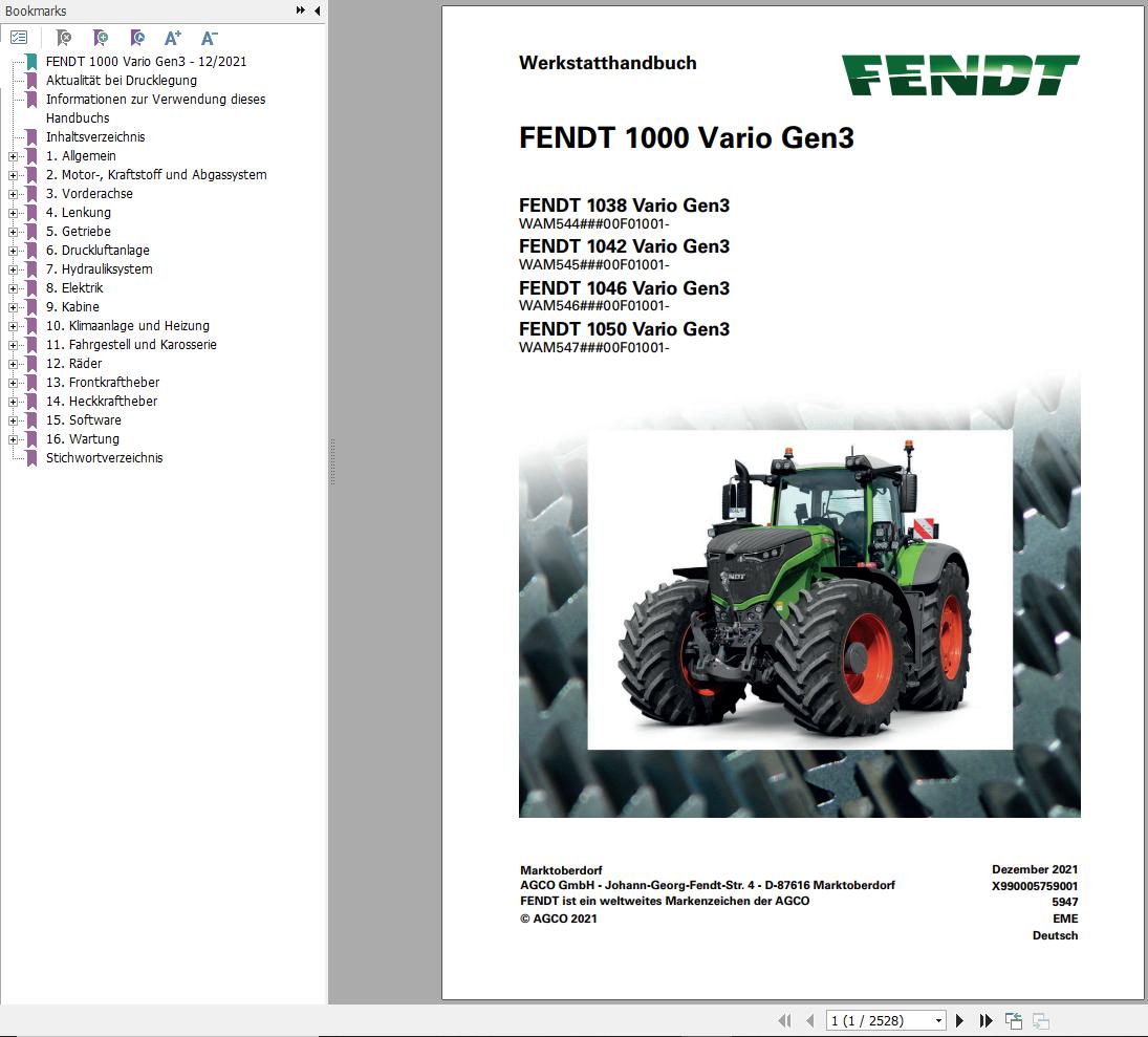 Fendt 1038 1042 1046 Vario Gen3 Workshop Manual X990005759001 DE