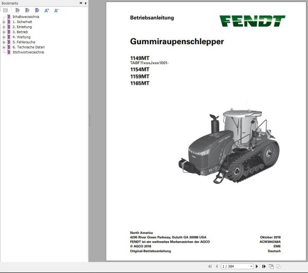 Fendt 1149MT 1154MT 1159MT 1165MT Operator Manual ACW384248A DE