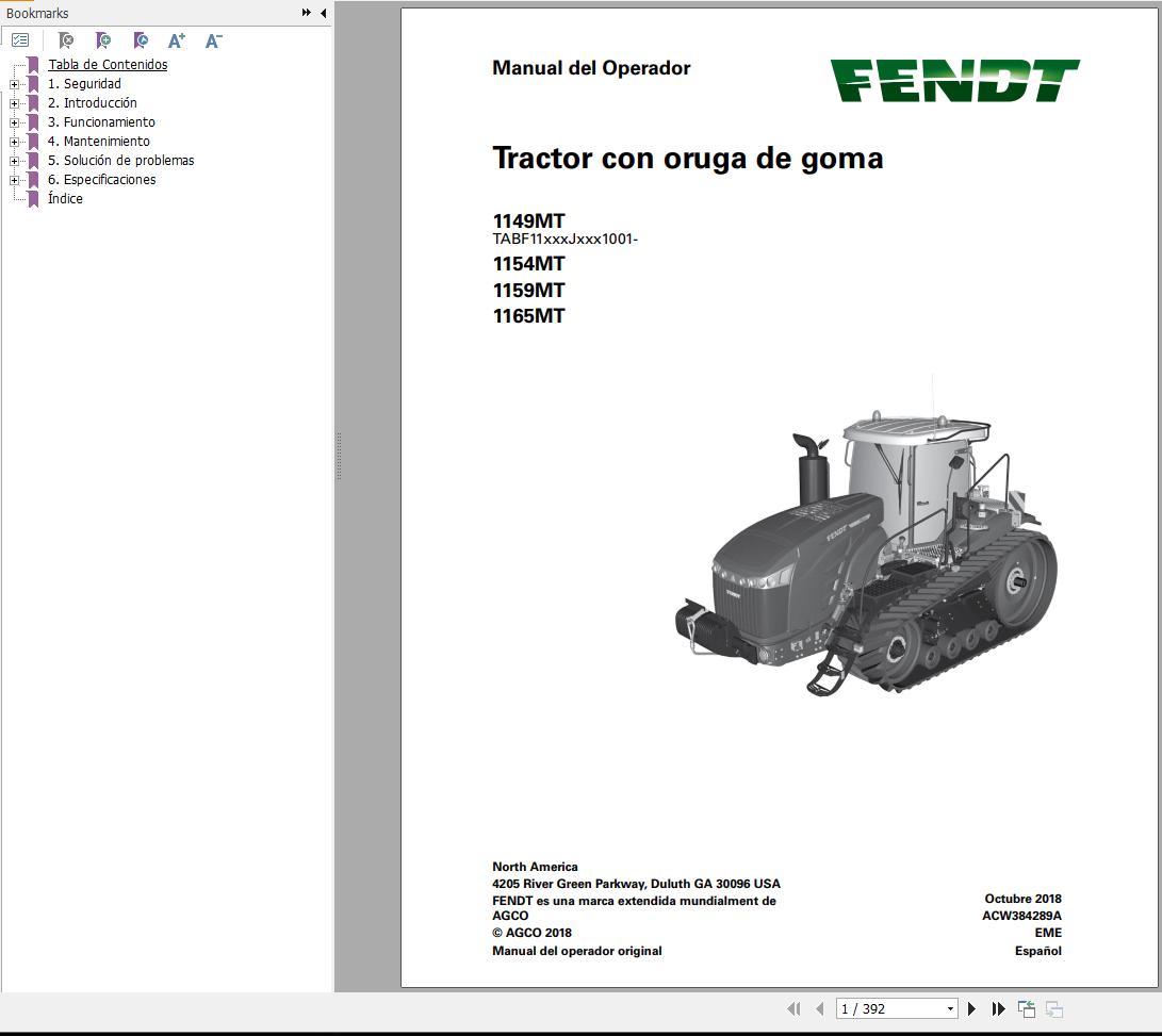 Fendt 1149MT 1154MT 1159MT 1165MT Operator Manual ACW384289A ES