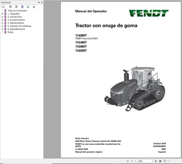 Fendt 1149MT 1154MT 1159MT 1165MT Operator Workshop Manual ES 2