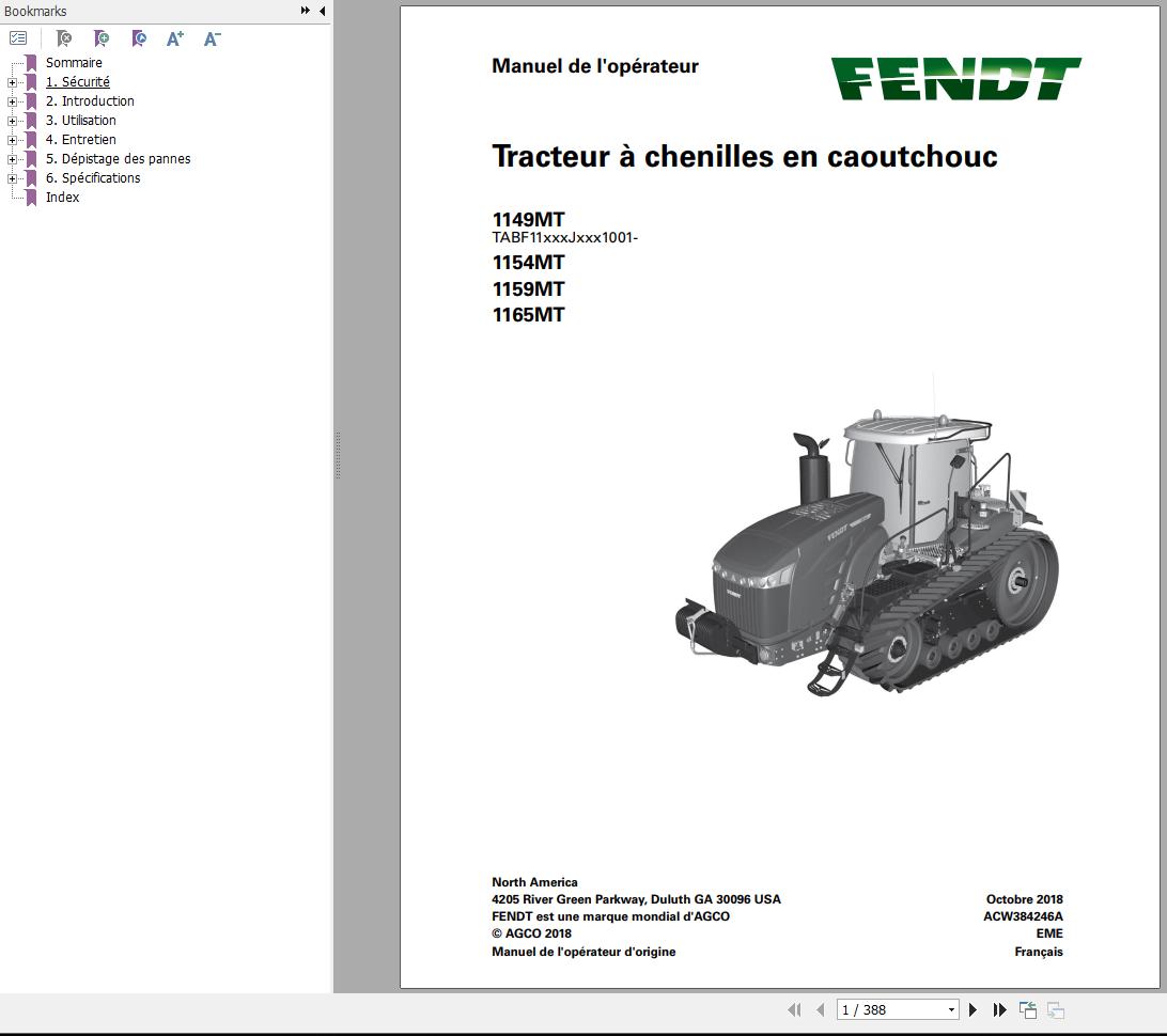Fendt 1149MT 1154MT 1159MT 1165MT Operators Manual ACW384246A FR
