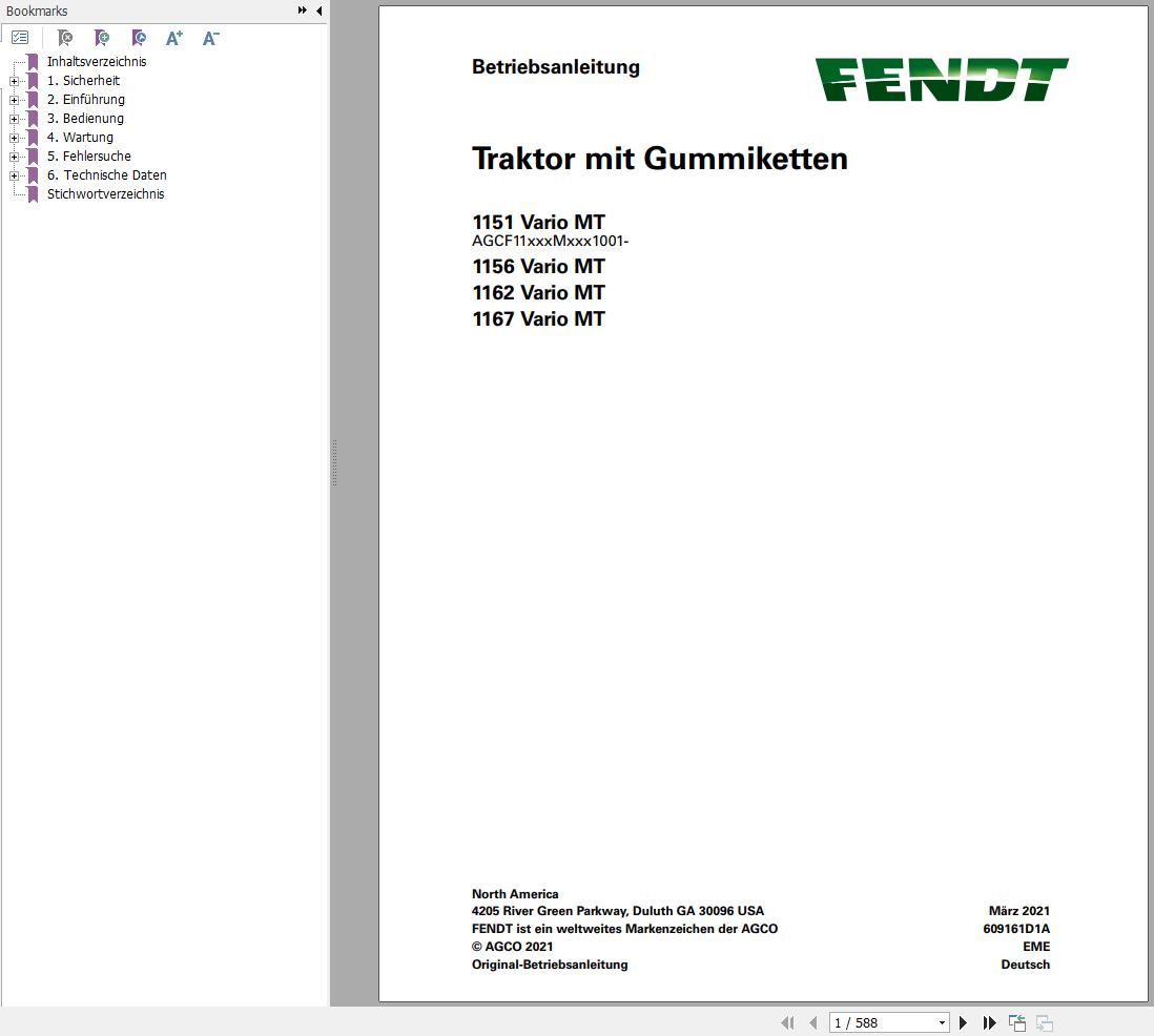 Fendt 1151 1156 1162 1167 Vario MT Operator Manual 609161D1A DE