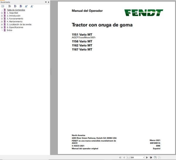 Fendt 1151 1156 1162 1167 Vario MT Operator Manual 609169D1A ES