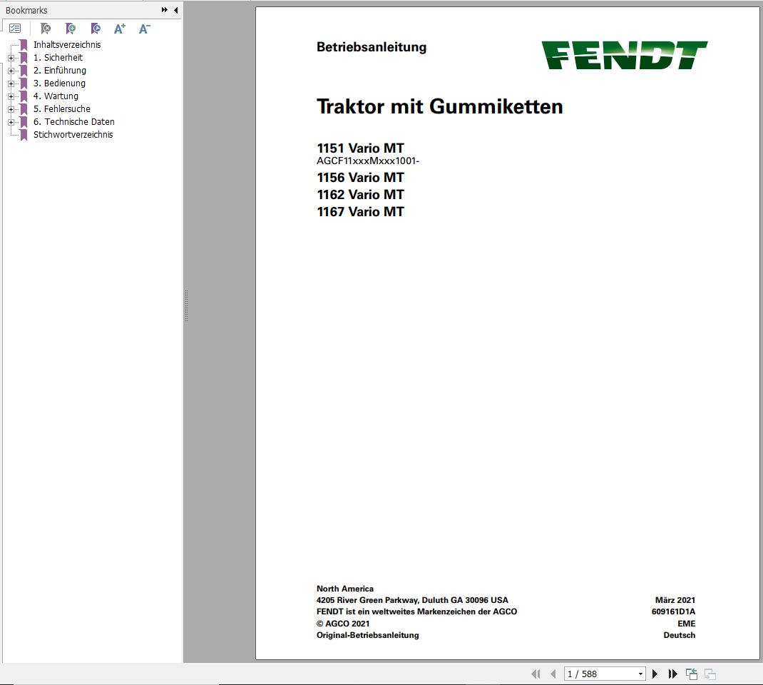 Fendt 1151 1156 1162 1167 Vario MT Operator Workshop Manuals DE 1