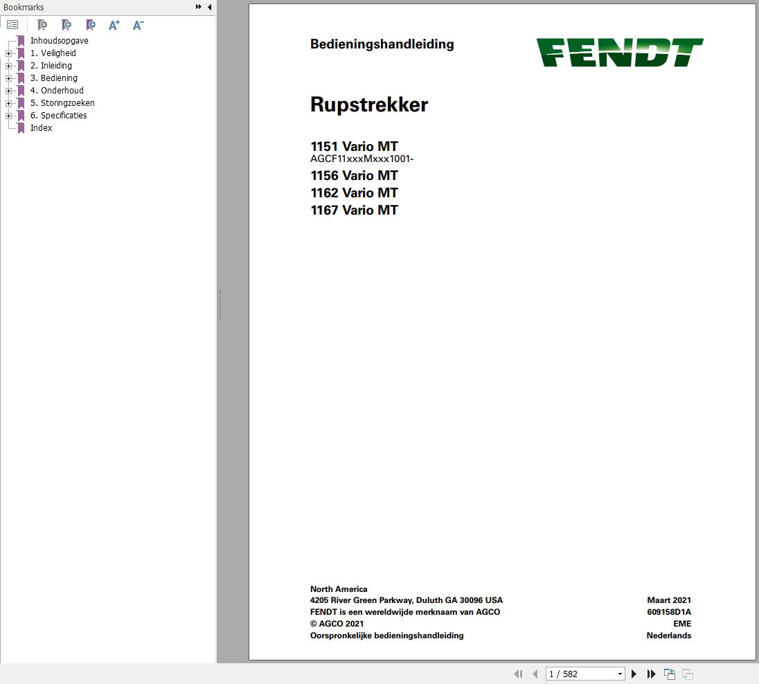 Fendt 1151 1156 1162 1167 Vario MT Operators Manual 609158D1A NL