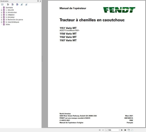Fendt 1151 1156 1162 1167 Vario MT Operators Manual 609160D1A FR