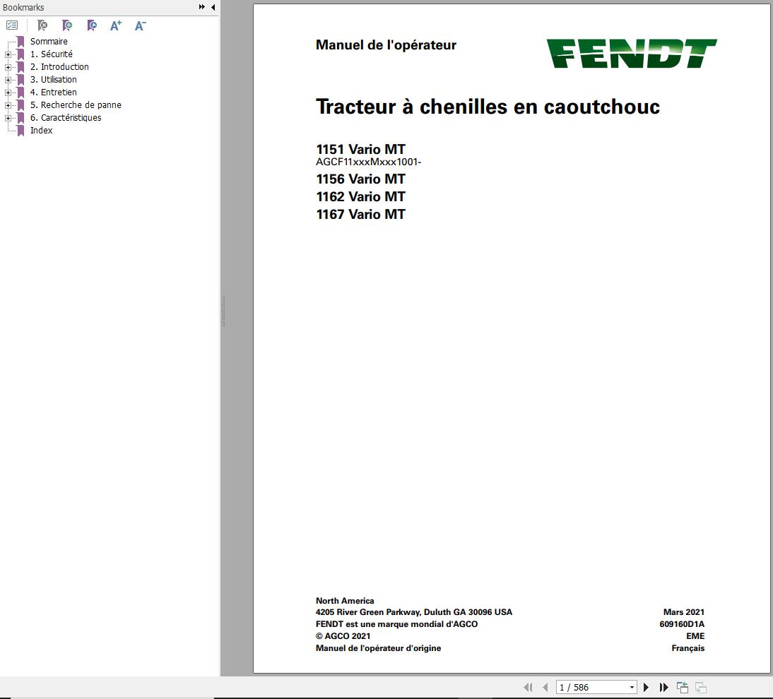 Fendt 1151 1156 1162 1167 Vario MT Workshop Manual 609160D1A FR