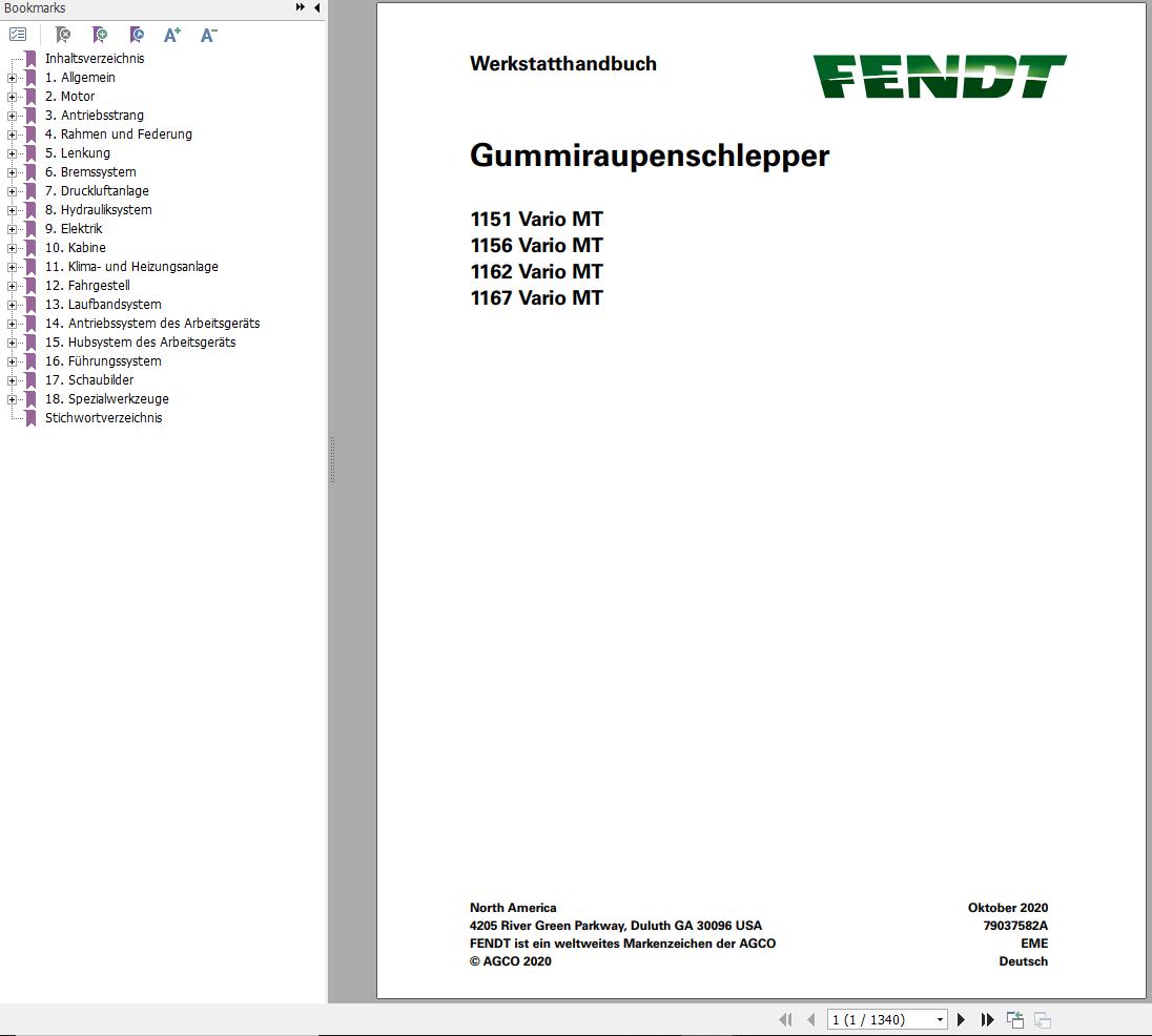 Fendt 1151 1156 1162 1167 Vario MT Workshop Manual 79037582A DE