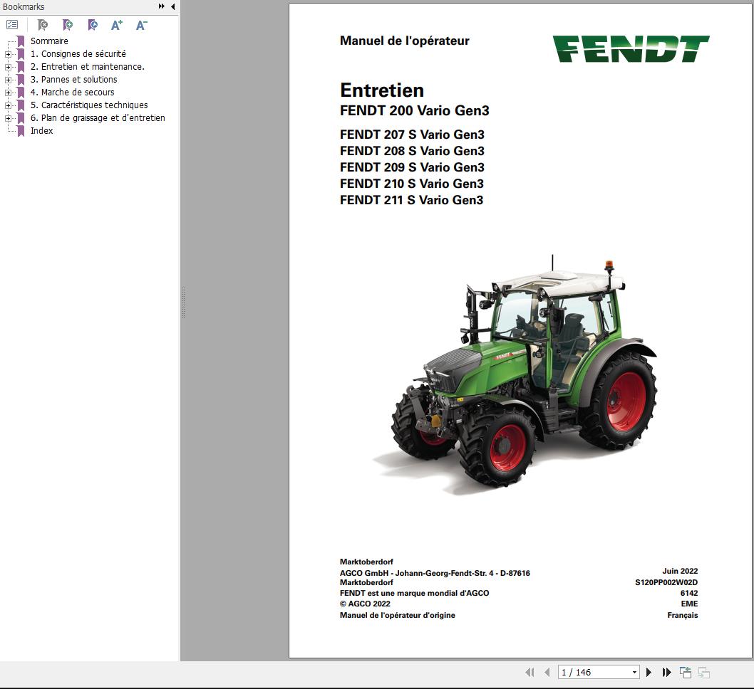 Fendt 207 208 209 210 211 S Vario Gen3 Maintenance Manual S120PP002W02D FR