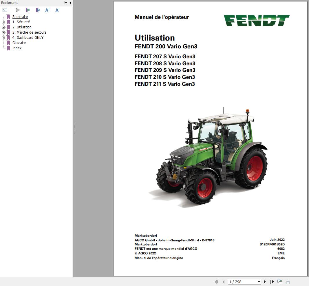 Fendt 207 208 209 210 211 S Vario Gen3 Operating Manual S120PP001B02D FR