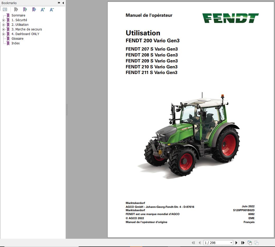 Fendt 207 208 209 210 211 S Vario Gen3 Operator Workshop Manuals and Diagrams FR 1