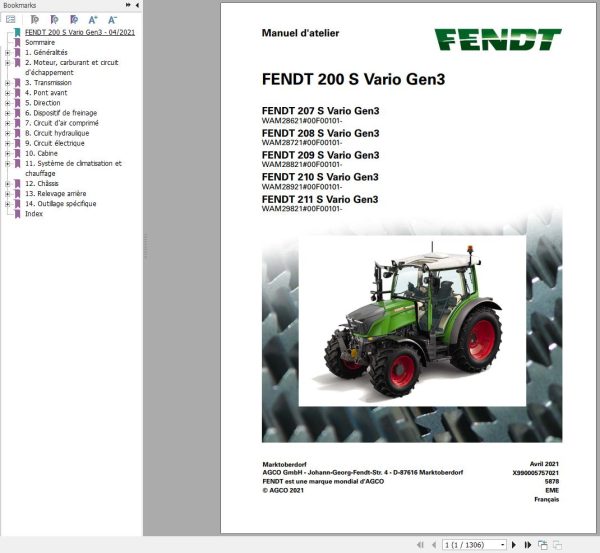 Fendt 207 208 209 210 211 S Vario Gen3 Operator Workshop Manuals and Diagrams FR 2