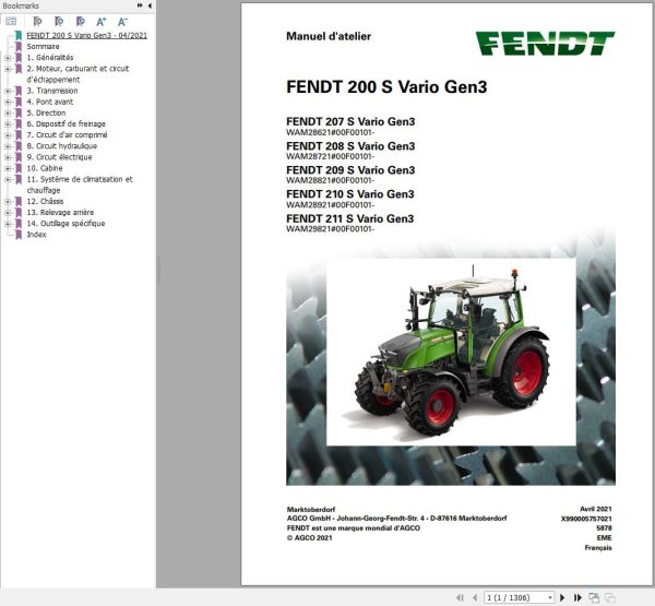 Fendt 207 208 209 210 211 S Vario Gen3 Workshop Manual X990005757021 FR