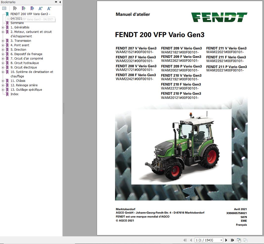 Fendt 207 208 209 210 211 V F P Vario Gen3 Workshop Manual X990005758021 FR