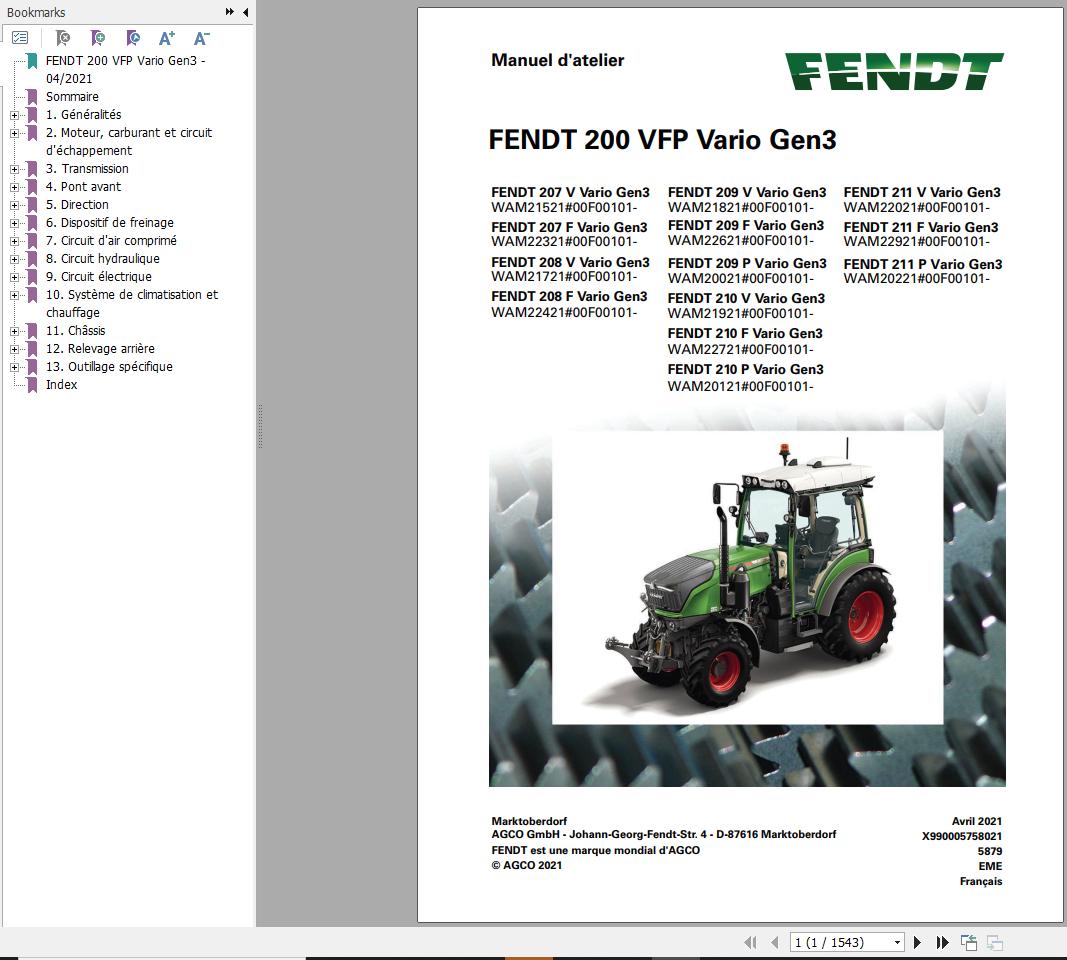 Fendt 207 208 209 210 211 V F P Vario Gen3 Workshop Manual and Diagrams FR 2