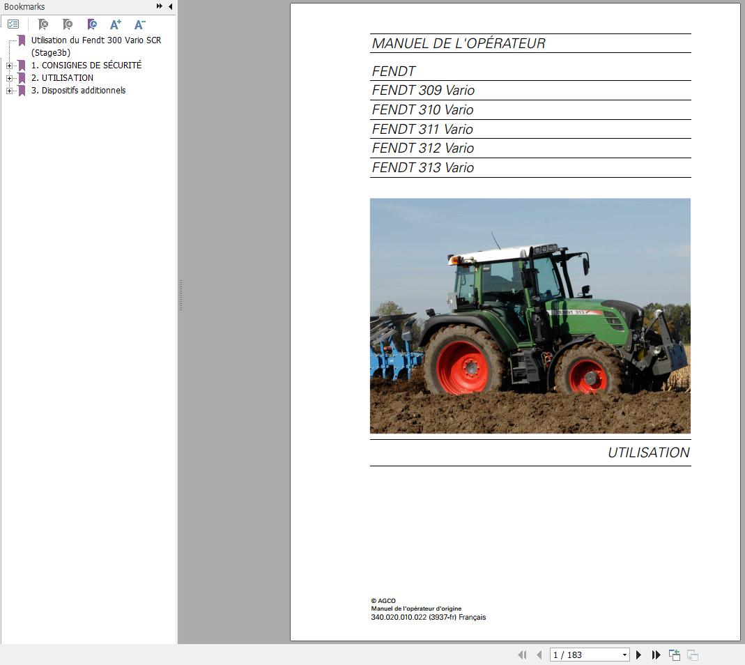 Fendt 309 310 311 312 313 Vario Operator Workshop Manuals and Diagrams FR 1