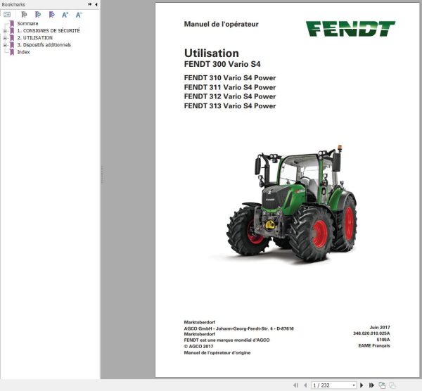 Fendt 310 311 312 313 Vario S4 Power Operating Manual 5105A FR
