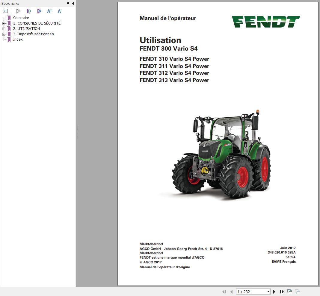 Fendt 310 311 312 313 Vario S4 Power Operating Manual 5105A FR
