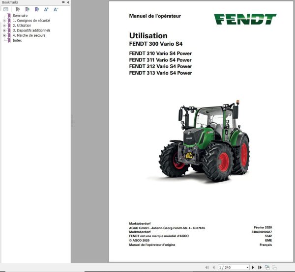 Fendt 310 311 312 313 Vario S4 Power Operating Manual 5542 FR 01