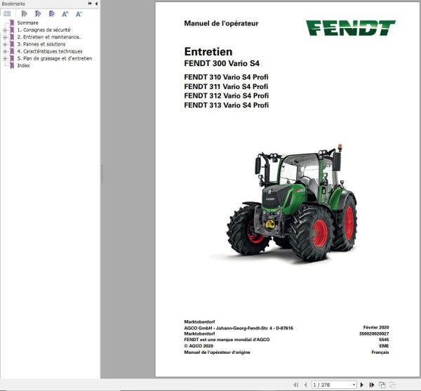 Fendt 310 311 312 313 Vario S4 Profi Maintenance Manual 5545 FR 01