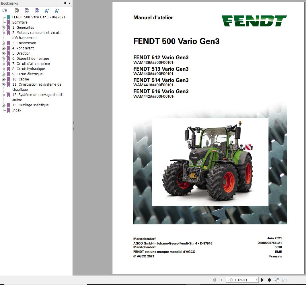 Fendt 512 513 514 516 Vario Gen3 Workshop Manual 5838 FR