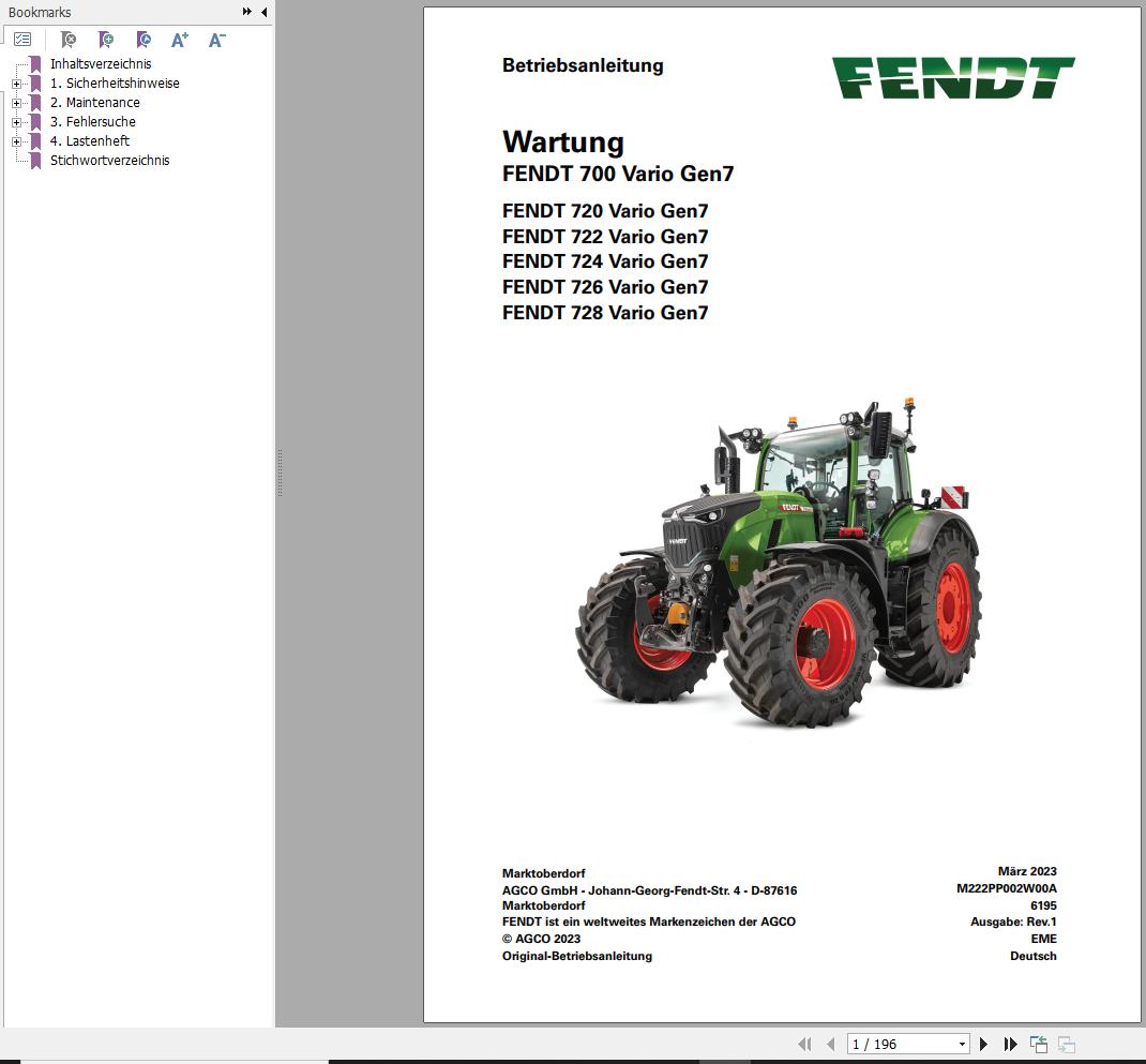 Fendt 720 722 724 726 728 Vario Gen7 Maintenance Manual M222PP2W00A DE