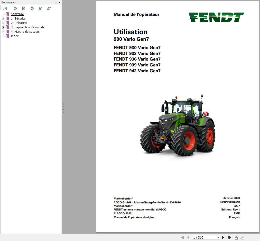 Fendt 930 933 936 939 942 Vario Gen7 Operating Manual H221PP001B02D FR
