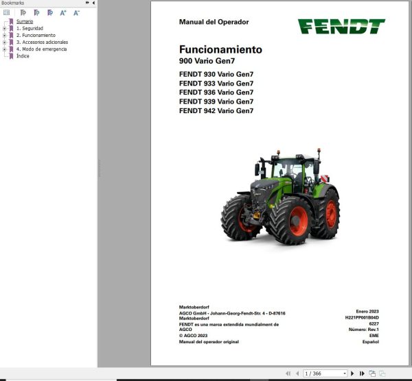 Fendt 930 933 936 939 942 Vario Gen7 Operating Manual H221PP001B04D ES